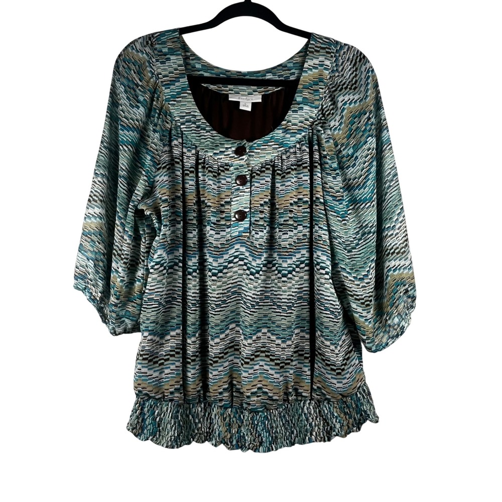 Dressbarn Blouse Women Teal Brown Pullover 3/4 Sleeve‎ Size Large